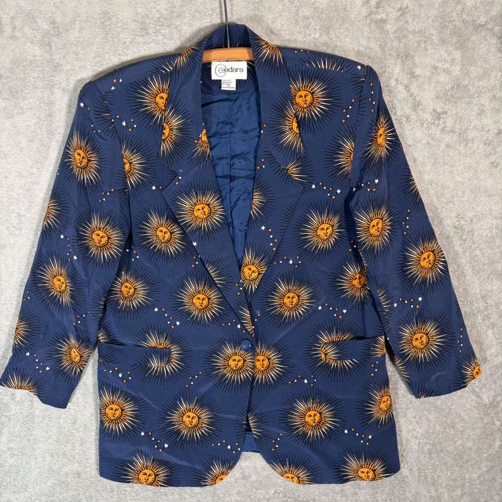 Cedars Vintage 100% Silk Celestial Sun Face Stars Blazer Blue Medium Whimsigoth